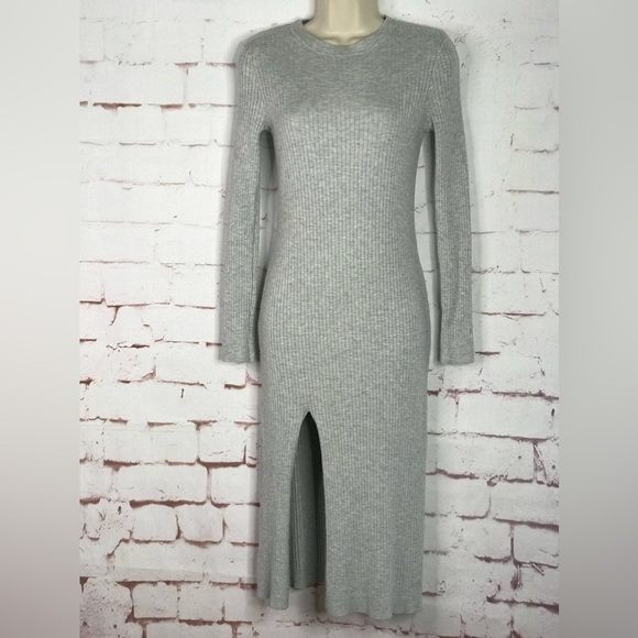 H&M DIVIDED Ribbed Knit Grey Size Small Bodycon Midi High Slit Sweater Dress - Picture 1 of 15